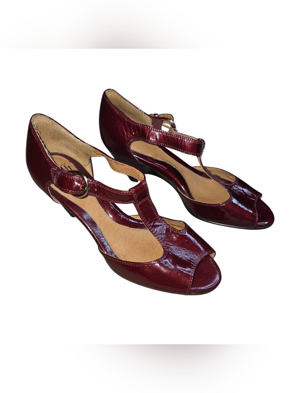 Sofft Burgundy T-Strap Peep-Toe Heels - Picture 4 of 10